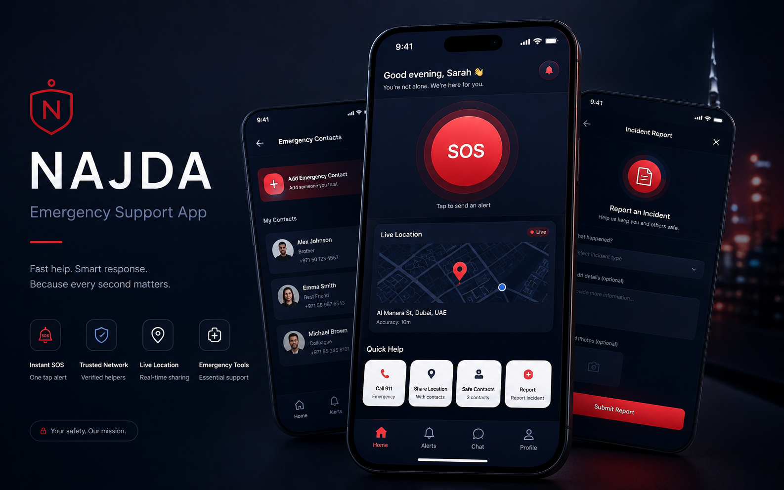 Najda emergency support app project mockup