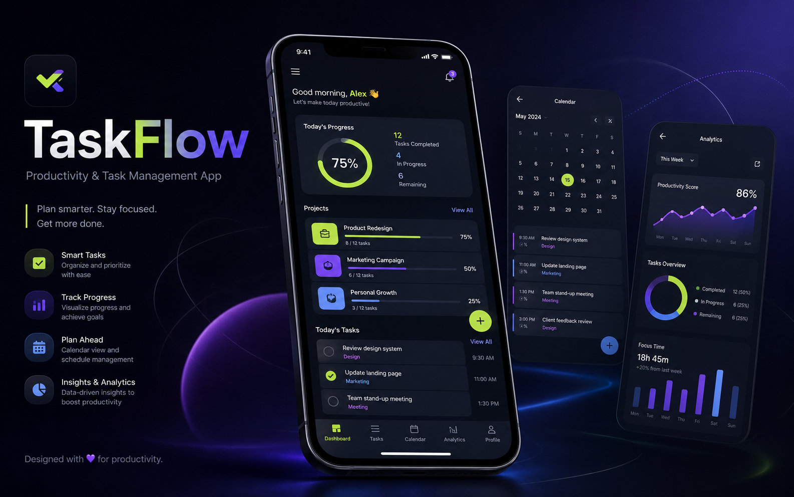 TaskFlow productivity and task management app mockup